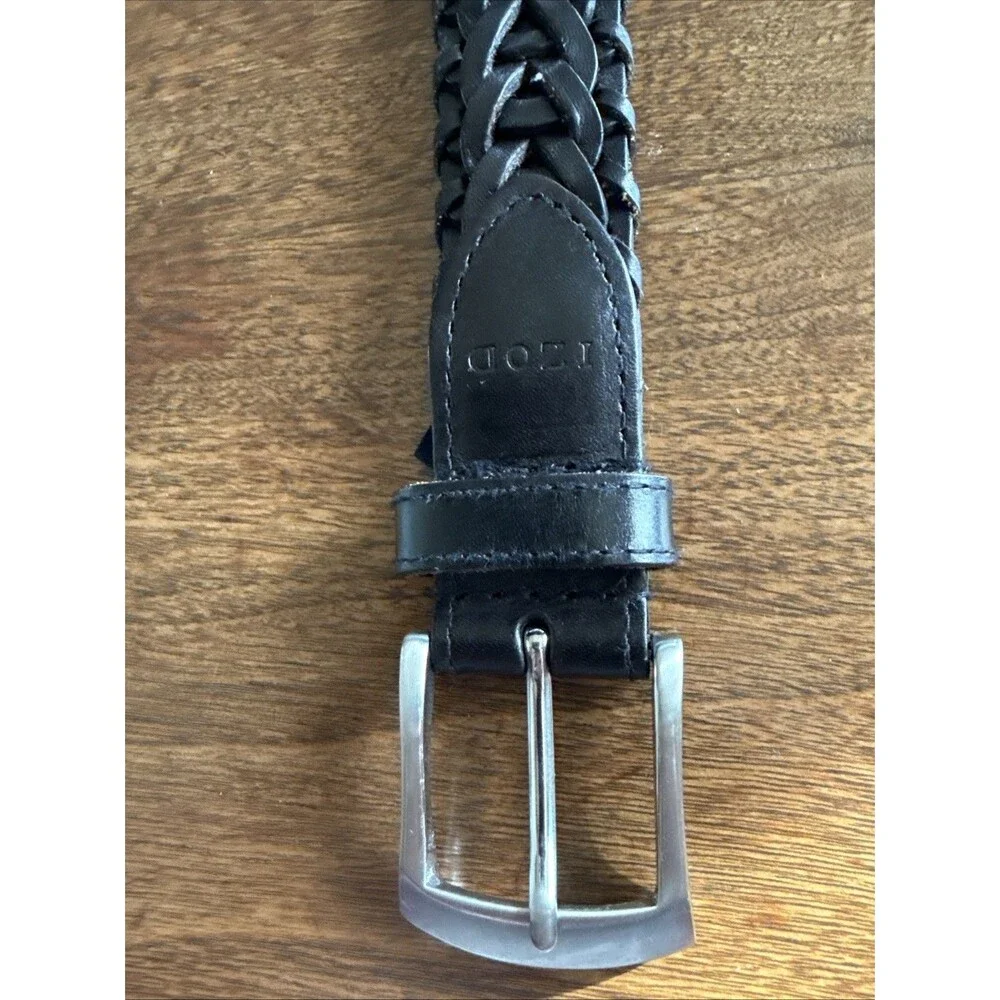 IZOD Men’s Black Leather Woven Braided Belt Sz 38 (L) Silver Buckle Adjustable